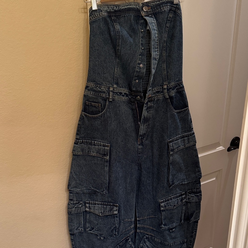 Mina Monroe Denim Cargo jumpsuit barrel jeans